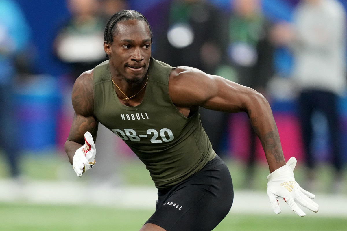 Mar 1, 2024; Indianapolis, IN, USA; Boston Col defensive back Elijah Jones (DB20) works out during the 2024 NFL Combine at Lucas Oil Stadium.